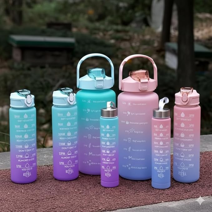 Motivational Water Bottle Set of 3 (2000ml + 900ml + 300ml) | Time Marker Sipper Bottle with Straw | Leakproof, BPA Free, Unbreakable | Gym, Fitness, Office, School, Travel Hydration Bottle Combo