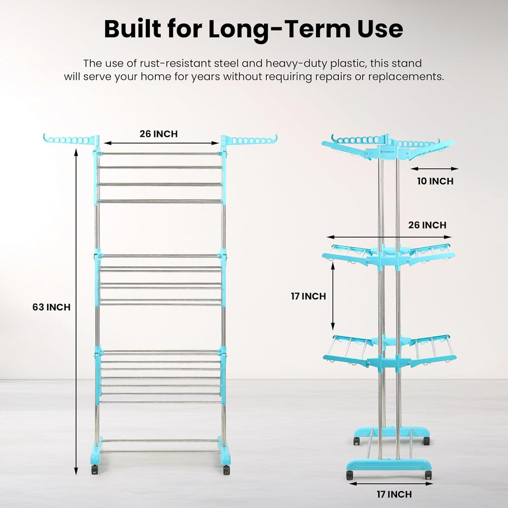 Houseware Stainless Steel Heavy Duty Double Pole 3 Layer Cloth Drying Stand for Balcony | Clothes Stand for Drying| Cloth Stand