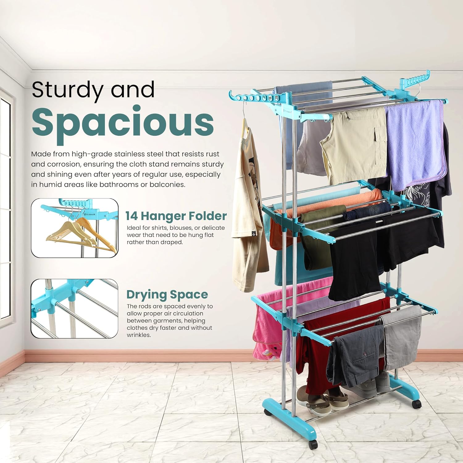 Houseware Stainless Steel Heavy Duty Double Pole 3 Layer Cloth Drying Stand for Balcony | Clothes Stand for Drying| Cloth Stand