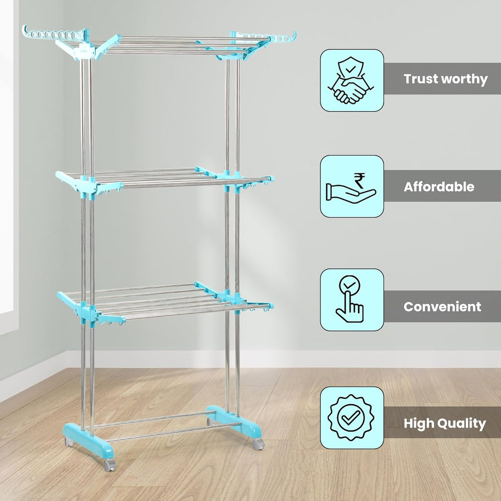 Houseware Stainless Steel Heavy Duty Double Pole 3 Layer Cloth Drying Stand for Balcony | Clothes Stand for Drying| Cloth Stand