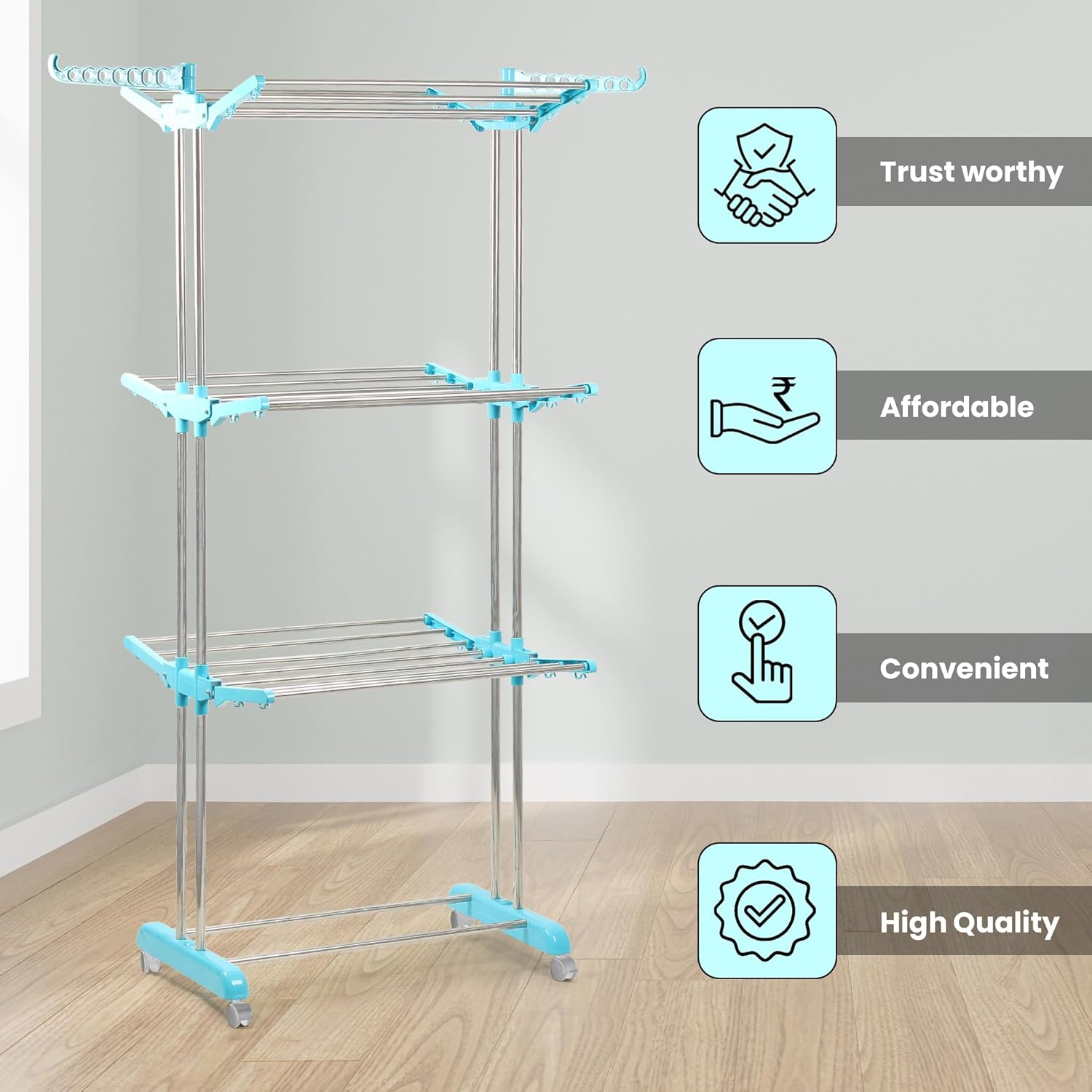 Houseware Stainless Steel Heavy Duty Double Pole 3 Layer Cloth Drying Stand for Balcony | Clothes Stand for Drying| Cloth Stand