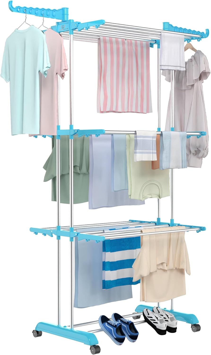 Houseware Stainless Steel Heavy Duty Double Pole 3 Layer Cloth Drying Stand for Balcony | Clothes Stand for Drying| Cloth Stand